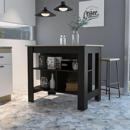 Homeroots Modern Wengue & Light Oak Kitchen Island, Black 477871